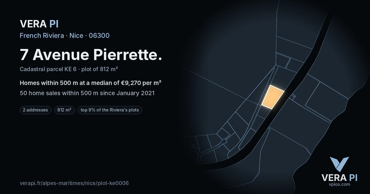 7 Avenue Pierrette, Nice at night – the plot lit, the parcels around coloured by the prices near them