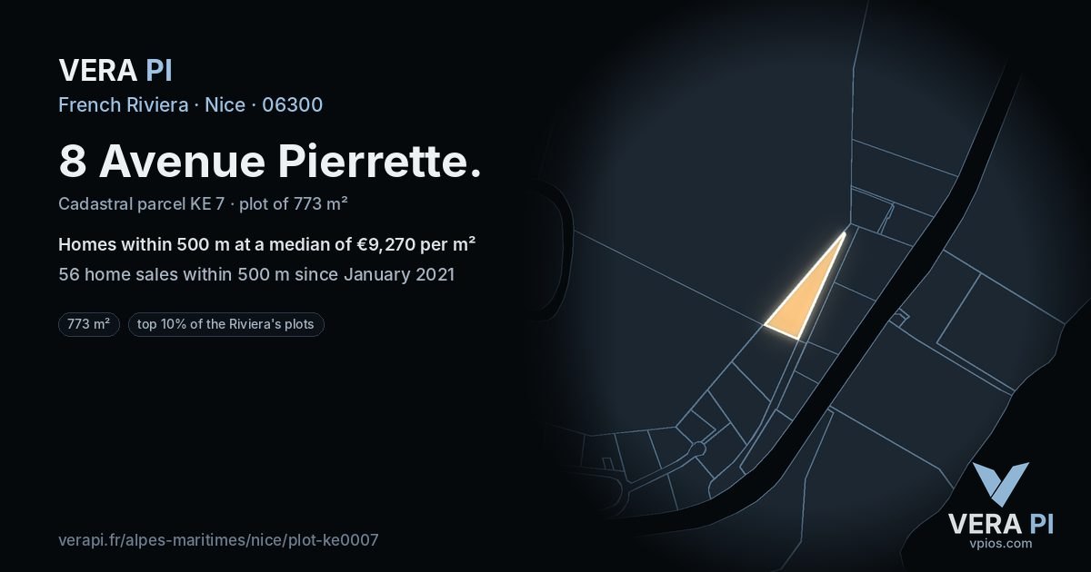 8 Avenue Pierrette, Nice at night – the plot lit, the parcels around coloured by the prices near them