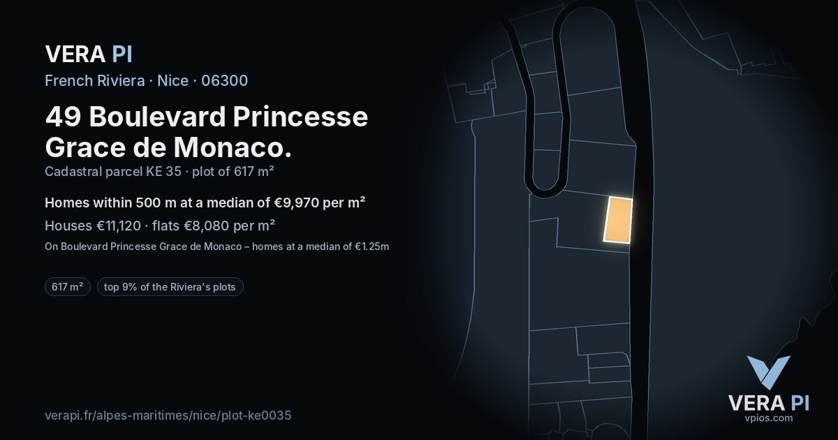 49 Boulevard Princesse Grace de Monaco, Nice at night – the plot lit, the parcels around coloured by the prices near them