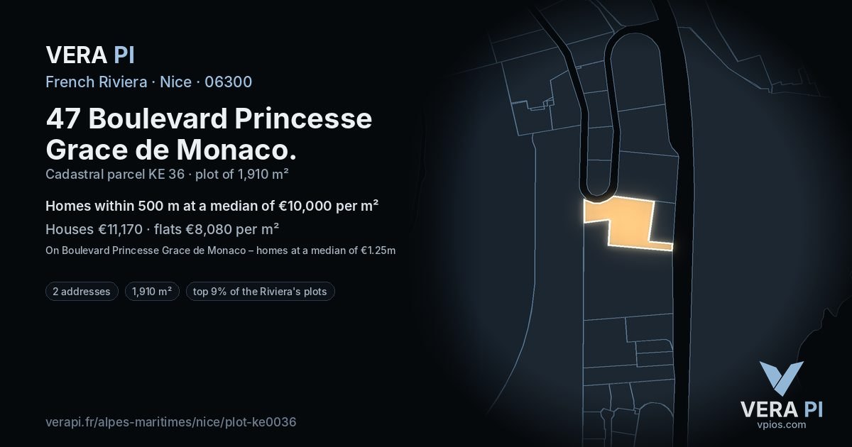 47 Boulevard Princesse Grace de Monaco, Nice at night – the plot lit, the parcels around coloured by the prices near them