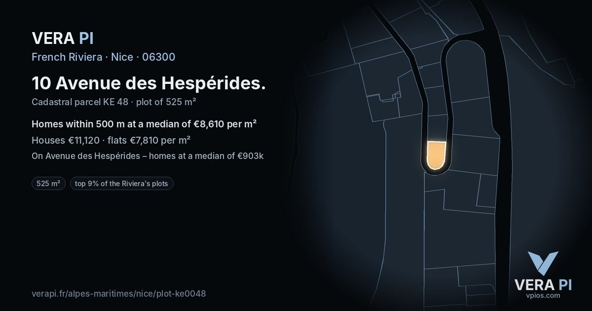 10 Avenue des Hespérides, Nice at night – the plot lit, the parcels around coloured by the prices near them