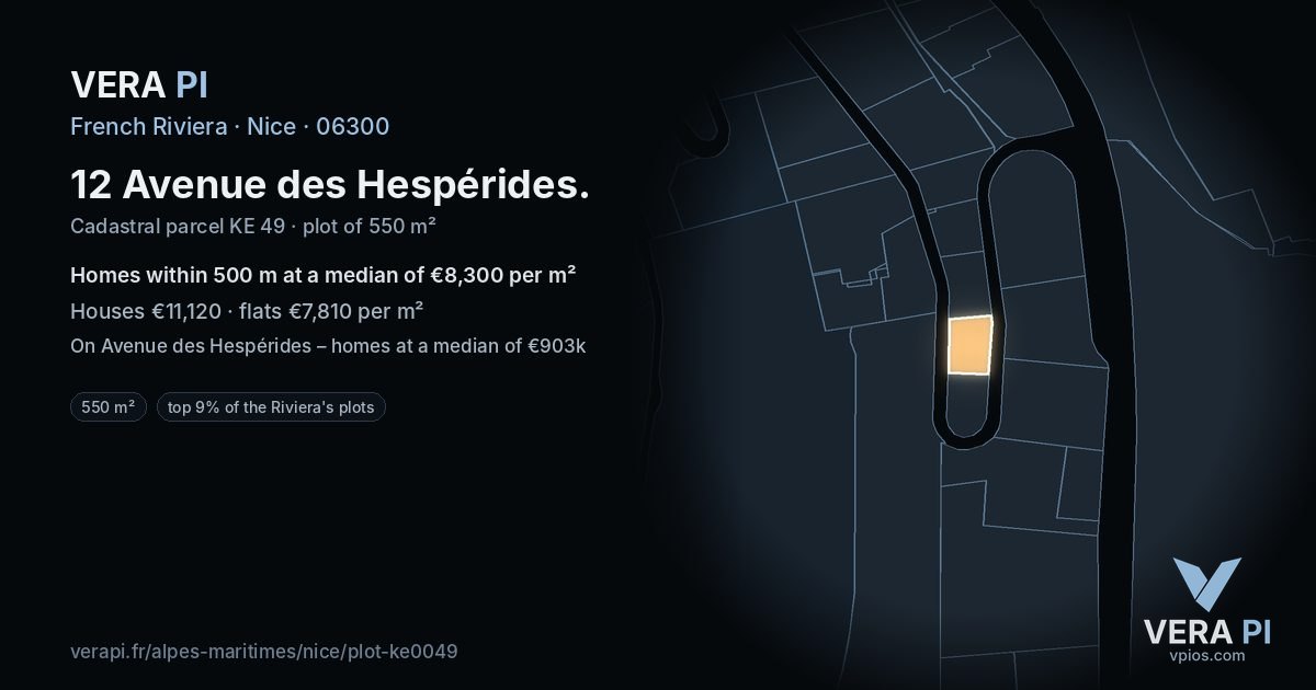 12 Avenue des Hespérides, Nice at night – the plot lit, the parcels around coloured by the prices near them
