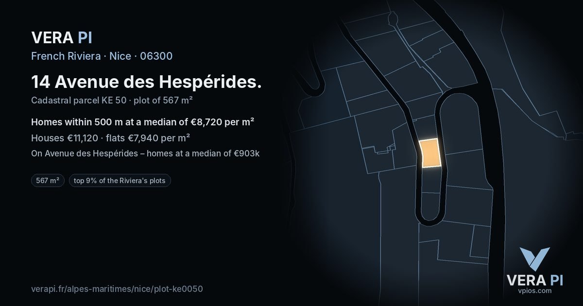14 Avenue des Hespérides, Nice at night – the plot lit, the parcels around coloured by the prices near them