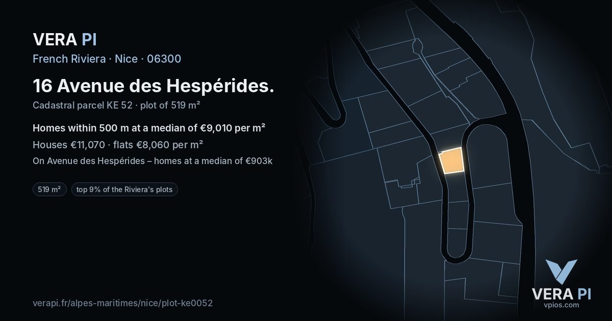 16 Avenue des Hespérides, Nice at night – the plot lit, the parcels around coloured by the prices near them