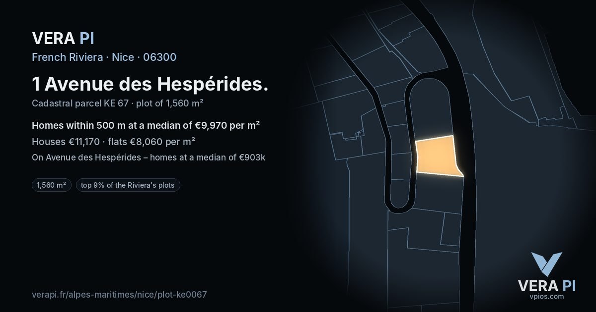 1 Avenue des Hespérides, Nice at night – the plot lit, the parcels around coloured by the prices near them