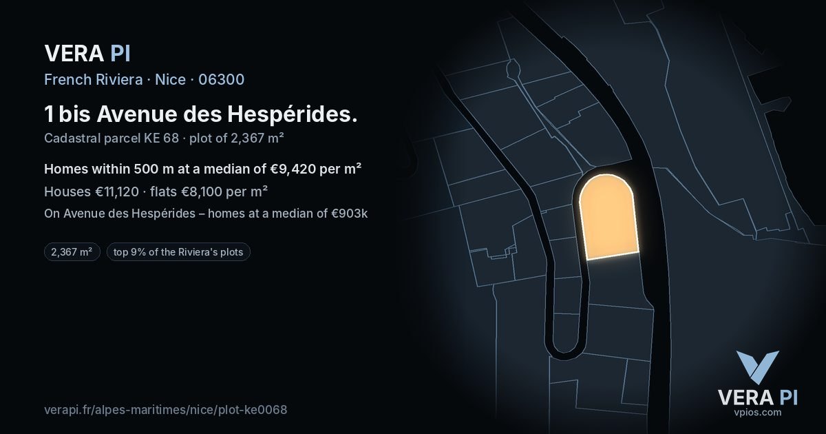 1 bis Avenue des Hespérides, Nice at night – the plot lit, the parcels around coloured by the prices near them