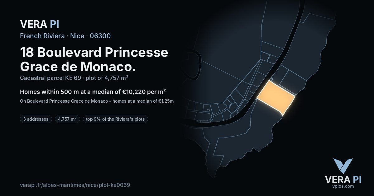 18 Boulevard Princesse Grace de Monaco, Nice at night – the plot lit, the parcels around coloured by the prices near them