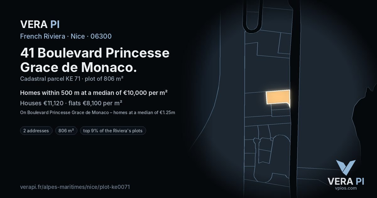 41 Boulevard Princesse Grace de Monaco, Nice at night – the plot lit, the parcels around coloured by the prices near them