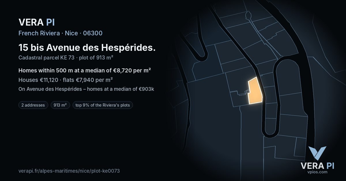 15 bis Avenue des Hespérides, Nice at night – the plot lit, the parcels around coloured by the prices near them