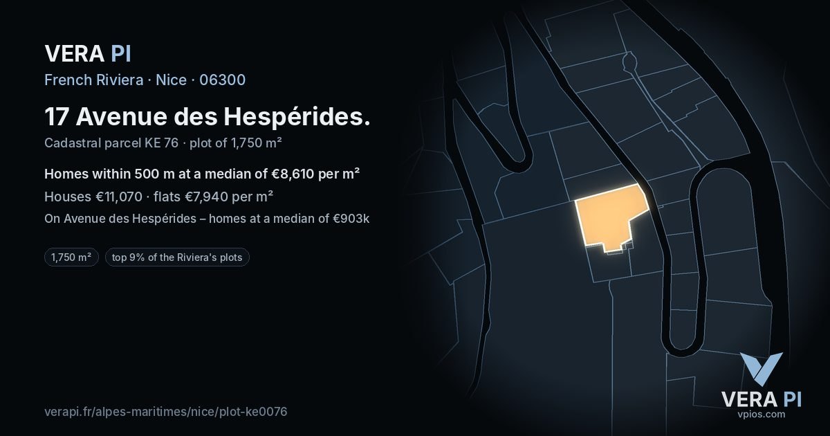 17 Avenue des Hespérides, Nice at night – the plot lit, the parcels around coloured by the prices near them
