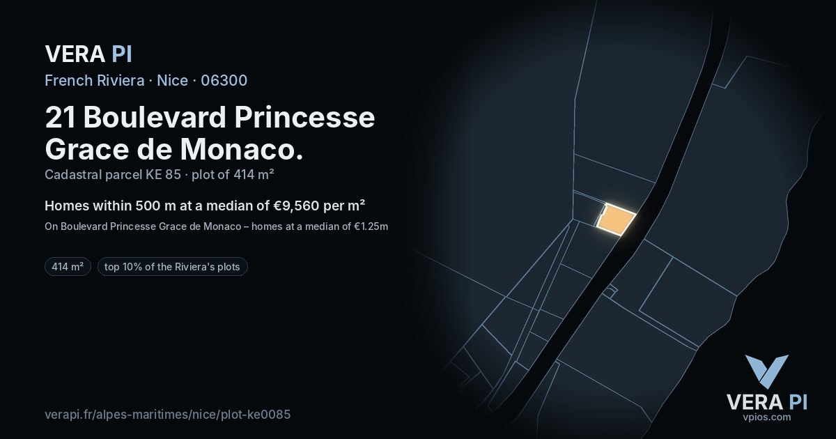 21 Boulevard Princesse Grace de Monaco, Nice at night – the plot lit, the parcels around coloured by the prices near them