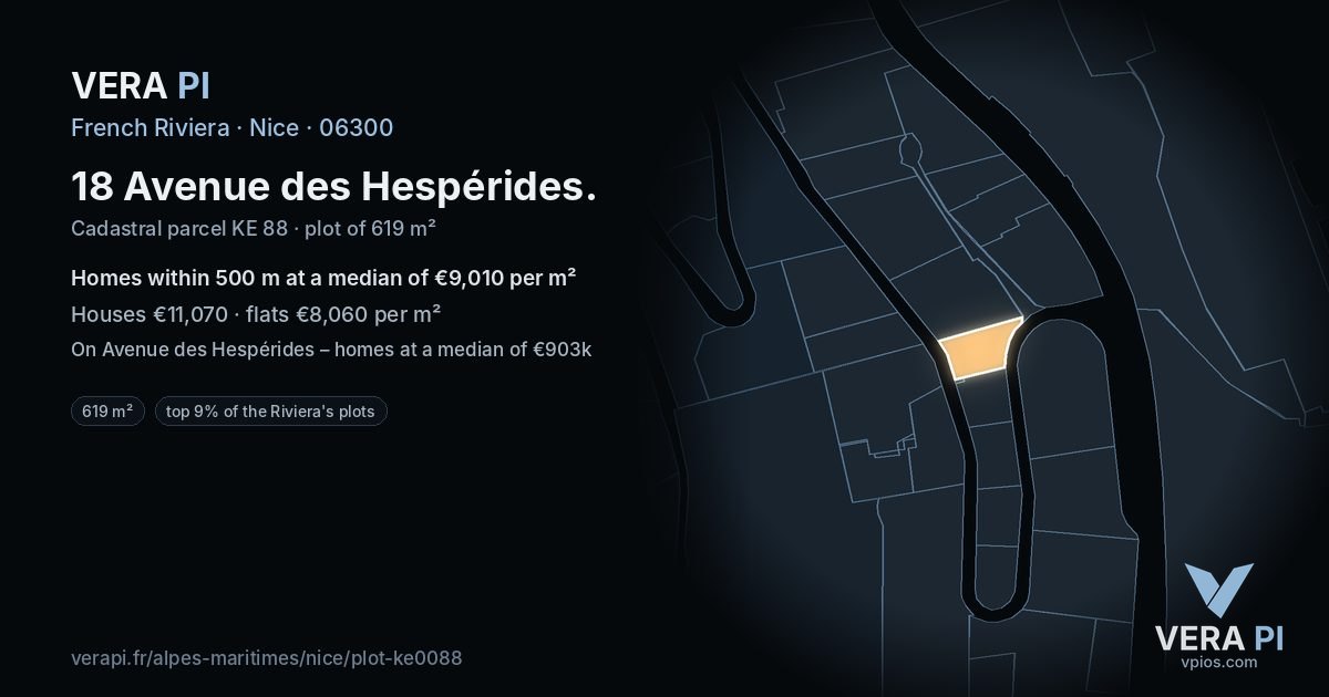 18 Avenue des Hespérides, Nice at night – the plot lit, the parcels around coloured by the prices near them