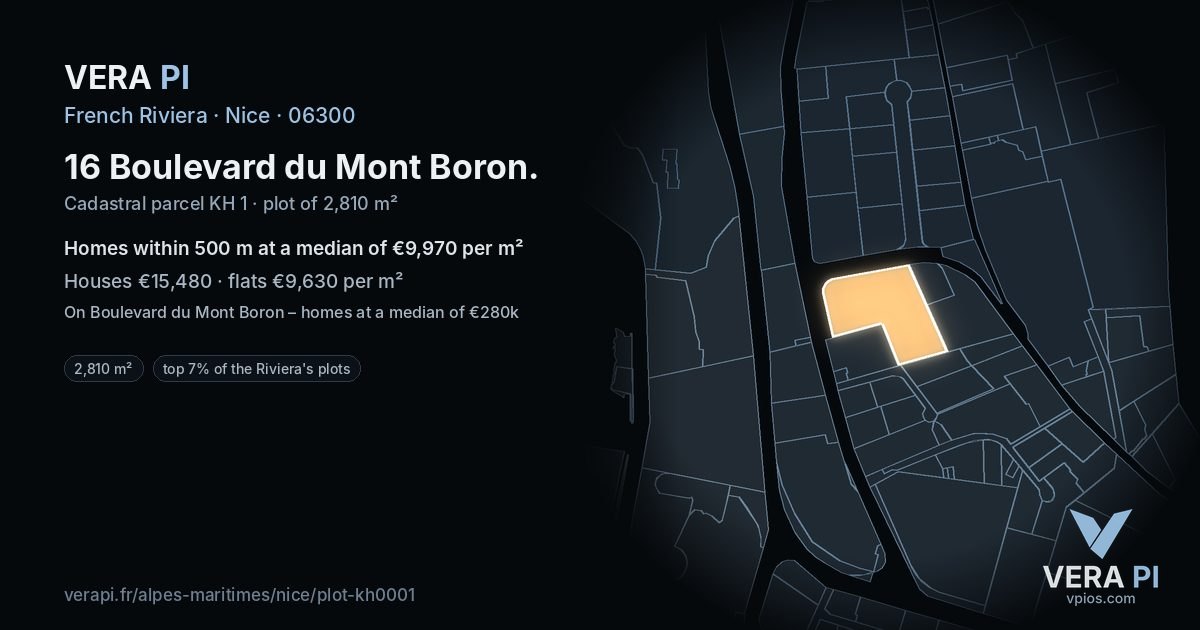 16 Boulevard du Mont Boron, Nice at night – the plot lit, the parcels around coloured by the prices near them