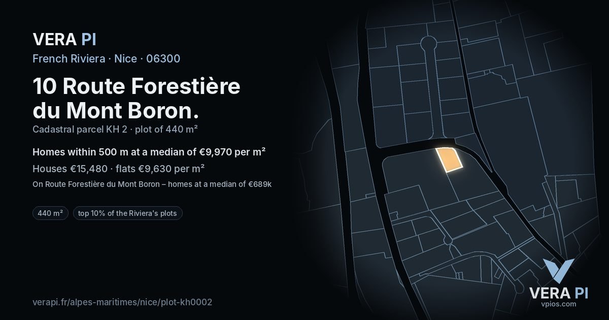 10 Route Forestière du Mont Boron, Nice at night – the plot lit, the parcels around coloured by the prices near them