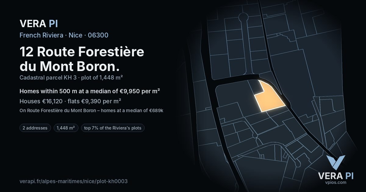12 Route Forestière du Mont Boron, Nice at night – the plot lit, the parcels around coloured by the prices near them