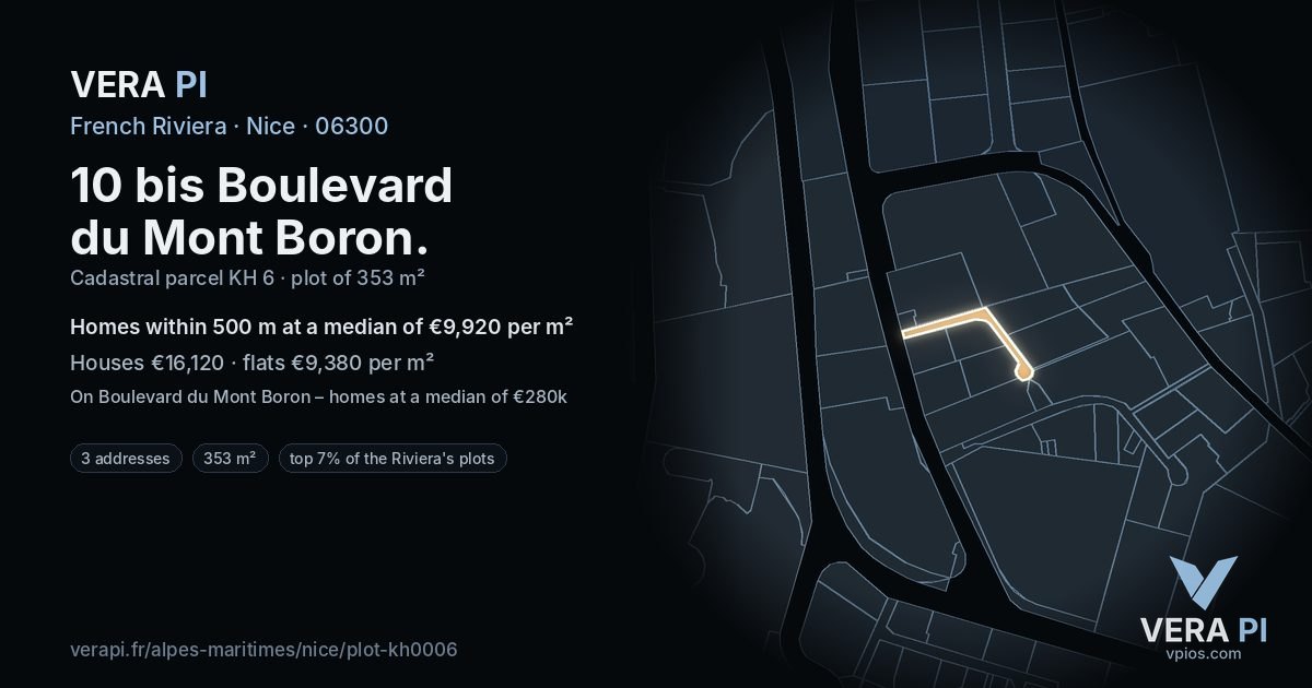 10 bis Boulevard du Mont Boron, Nice at night – the plot lit, the parcels around coloured by the prices near them
