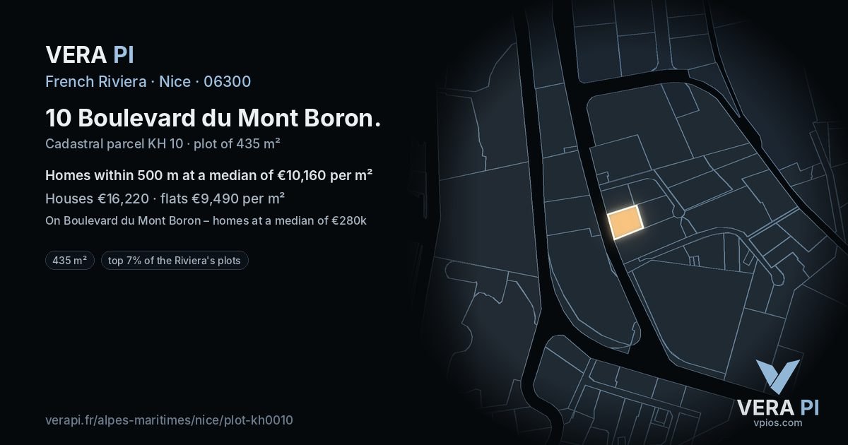 10 Boulevard du Mont Boron, Nice at night – the plot lit, the parcels around coloured by the prices near them