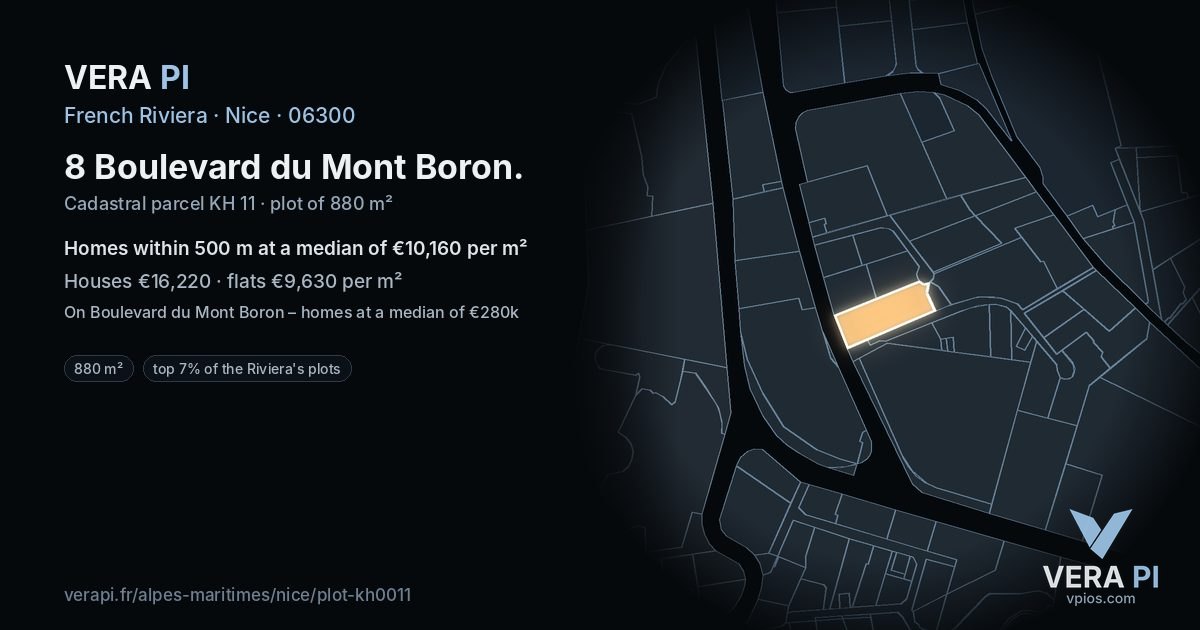 8 Boulevard du Mont Boron, Nice at night – the plot lit, the parcels around coloured by the prices near them