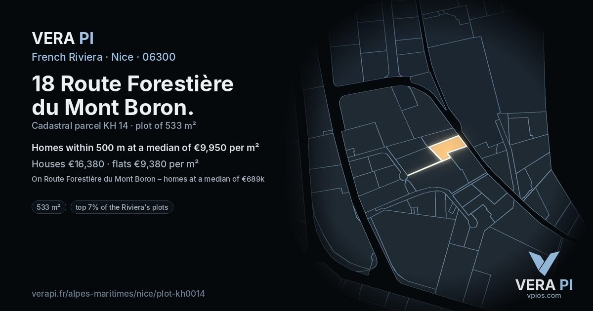 18 Route Forestière du Mont Boron, Nice at night – the plot lit, the parcels around coloured by the prices near them