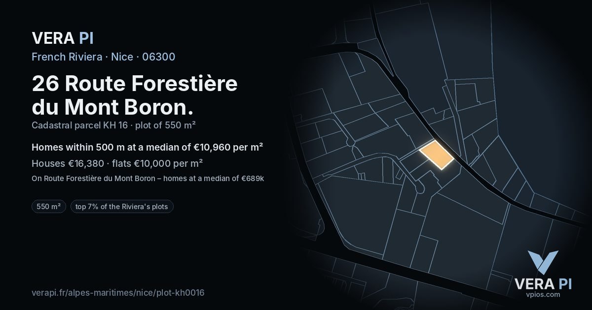 26 Route Forestière du Mont Boron, Nice at night – the plot lit, the parcels around coloured by the prices near them