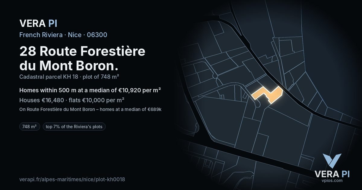 28 Route Forestière du Mont Boron, Nice at night – the plot lit, the parcels around coloured by the prices near them