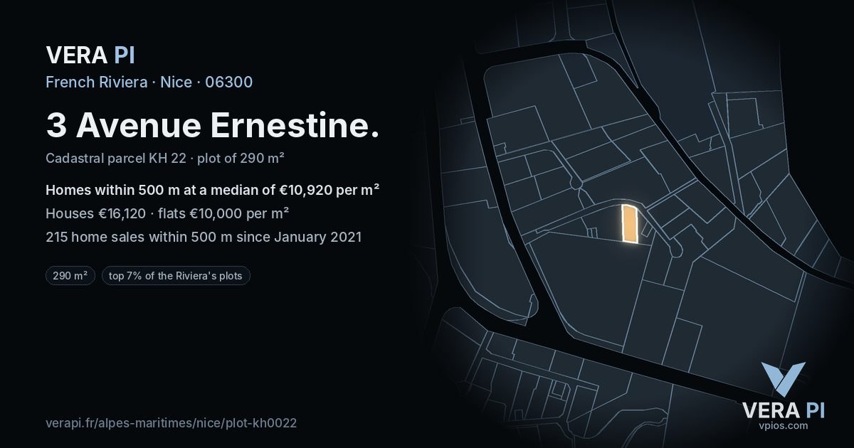 3 Avenue Ernestine, Nice at night – the plot lit, the parcels around coloured by the prices near them