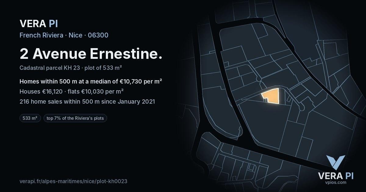 2 Avenue Ernestine, Nice at night – the plot lit, the parcels around coloured by the prices near them