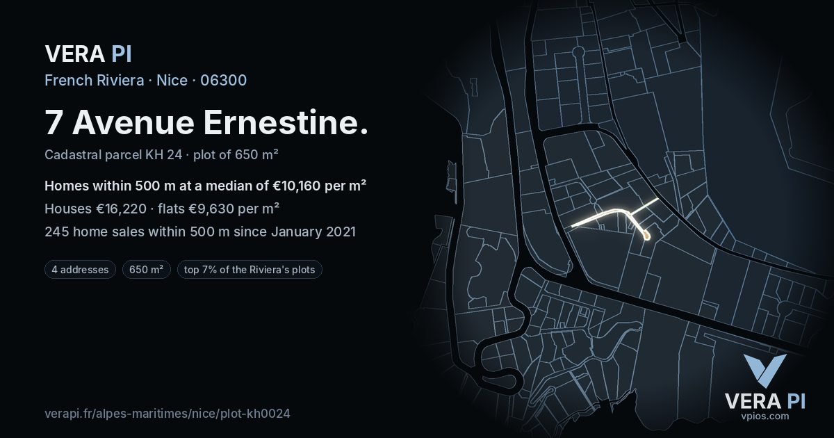7 Avenue Ernestine, Nice at night – the plot lit, the parcels around coloured by the prices near them