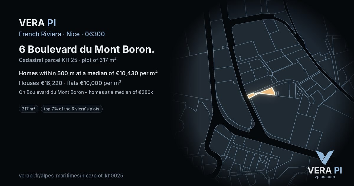 6 Boulevard du Mont Boron, Nice at night – the plot lit, the parcels around coloured by the prices near them
