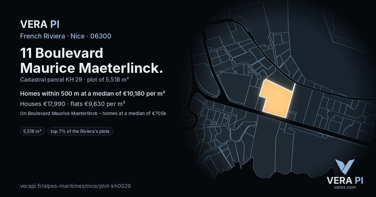 11 Boulevard Maurice Maeterlinck, Nice at night – the plot lit, the parcels around coloured by the prices near them