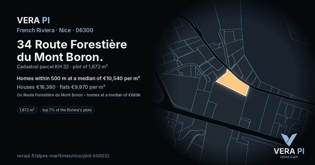 34 Route Forestière du Mont Boron, Nice at night – the plot lit, the parcels around coloured by the prices near them