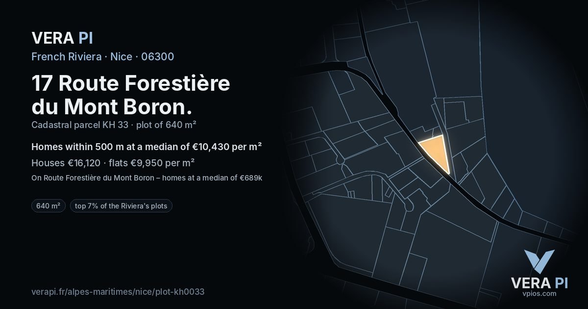 17 Route Forestière du Mont Boron, Nice at night – the plot lit, the parcels around coloured by the prices near them