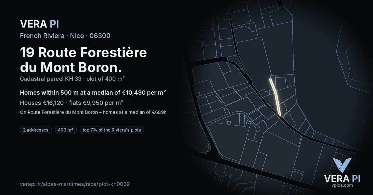 19 Route Forestière du Mont Boron, Nice at night – the plot lit, the parcels around coloured by the prices near them