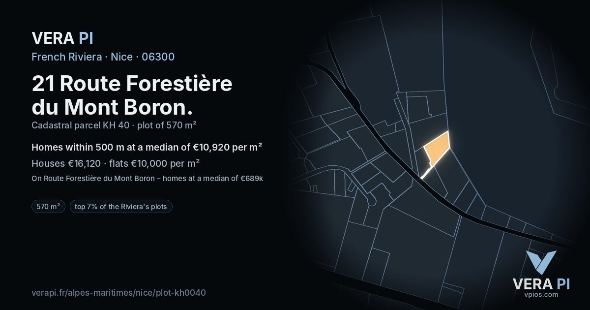21 Route Forestière du Mont Boron, Nice at night – the plot lit, the parcels around coloured by the prices near them