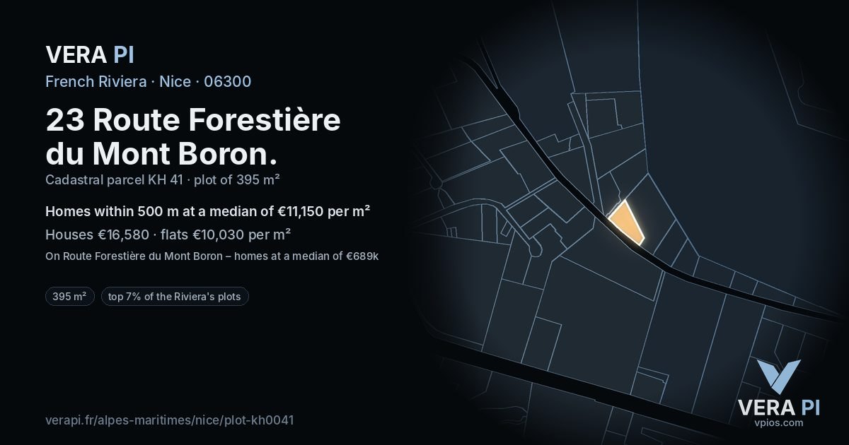 23 Route Forestière du Mont Boron, Nice at night – the plot lit, the parcels around coloured by the prices near them