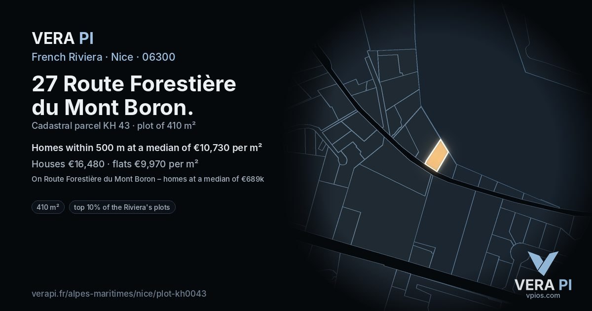 27 Route Forestière du Mont Boron, Nice at night – the plot lit, the parcels around coloured by the prices near them