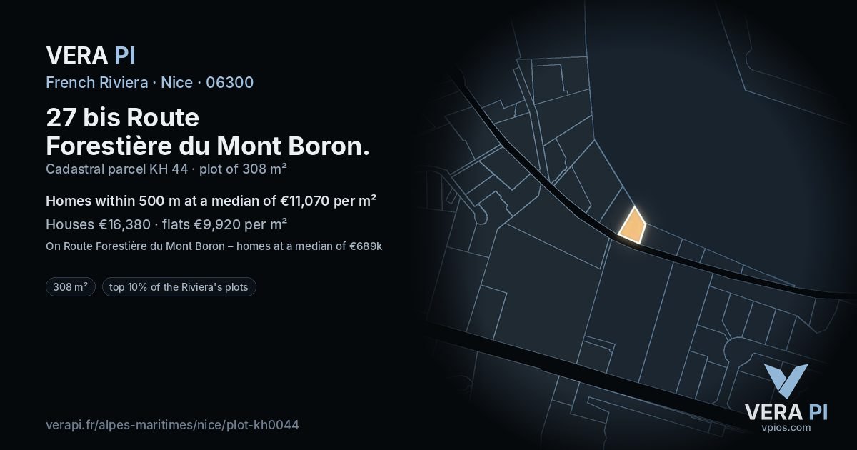 27 bis Route Forestière du Mont Boron, Nice at night – the plot lit, the parcels around coloured by the prices near them