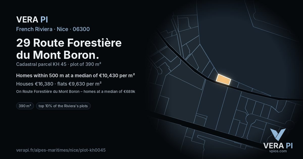 29 Route Forestière du Mont Boron, Nice at night – the plot lit, the parcels around coloured by the prices near them