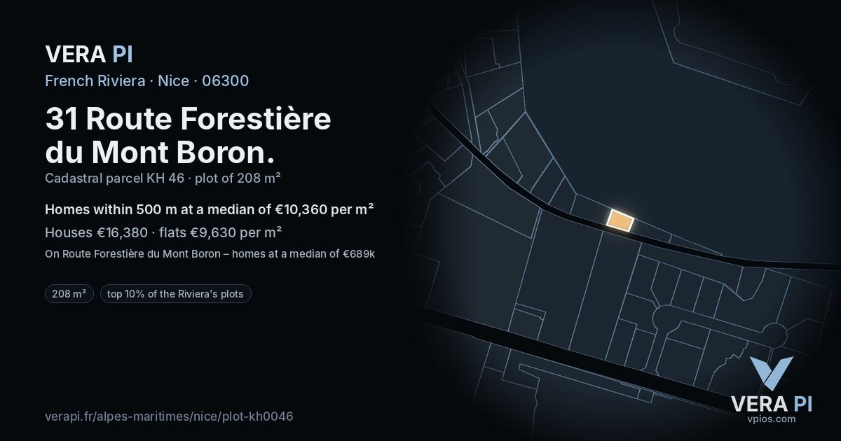31 Route Forestière du Mont Boron, Nice at night – the plot lit, the parcels around coloured by the prices near them