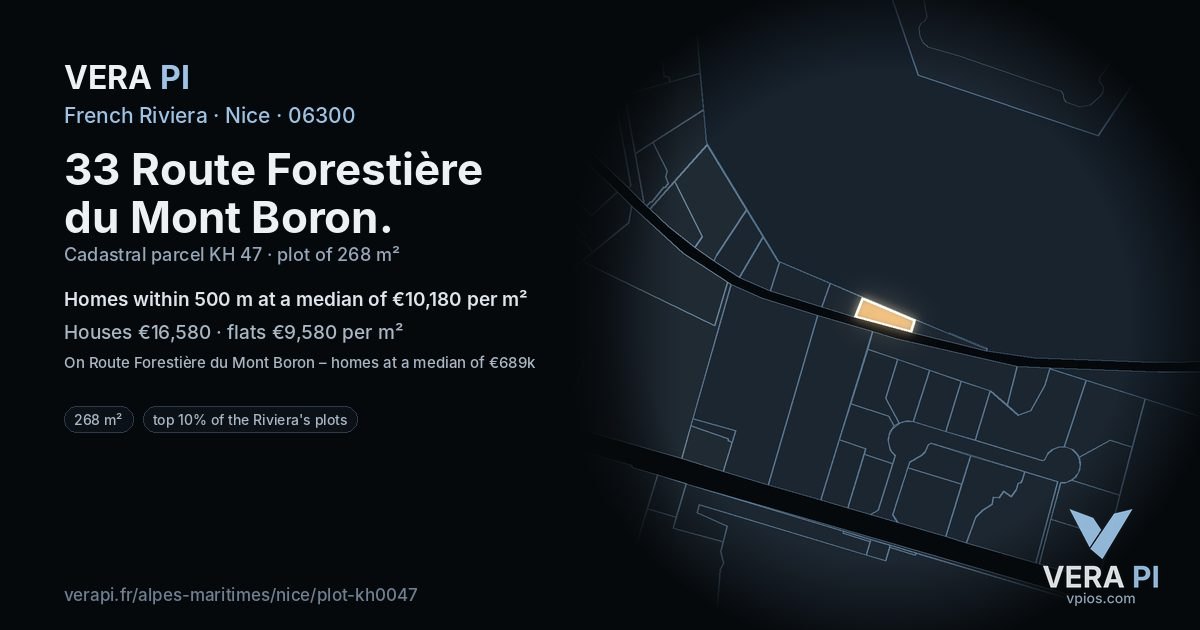 33 Route Forestière du Mont Boron, Nice at night – the plot lit, the parcels around coloured by the prices near them