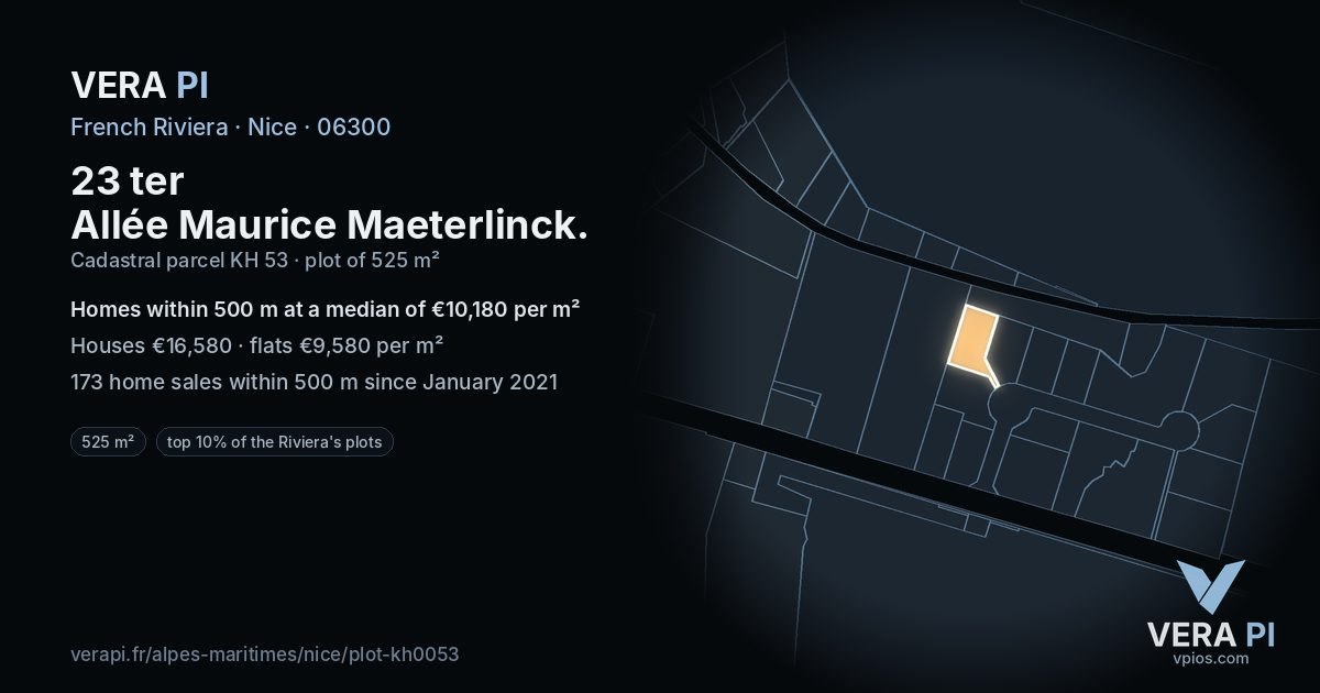 23 ter Allée Maurice Maeterlinck, Nice at night – the plot lit, the parcels around coloured by the prices near them