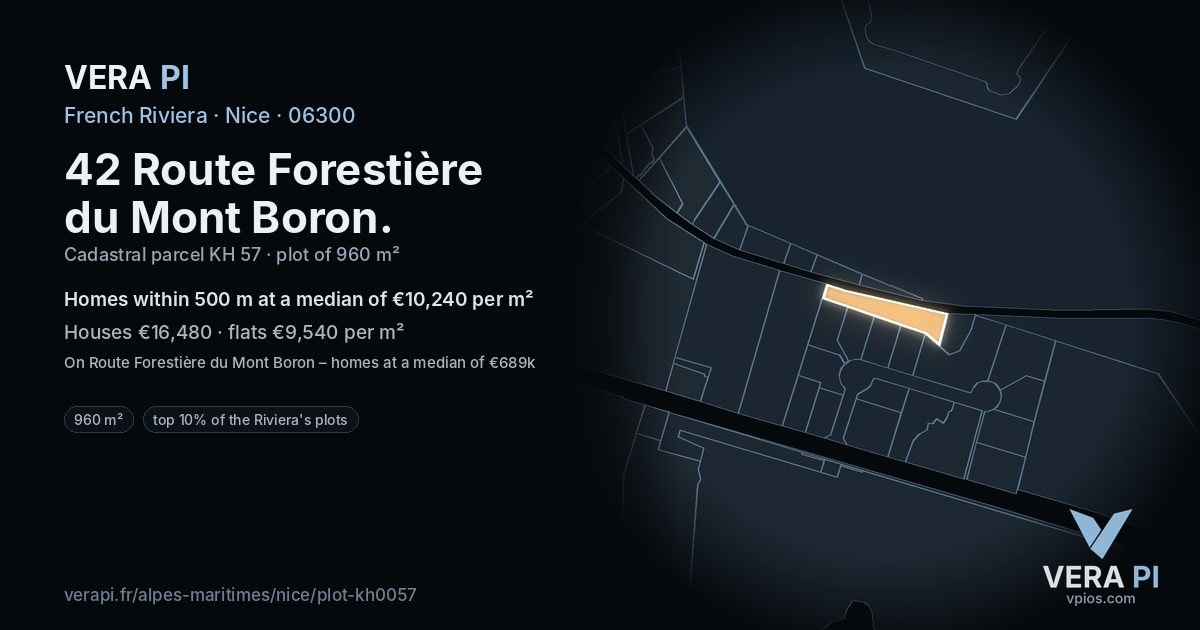 42 Route Forestière du Mont Boron, Nice at night – the plot lit, the parcels around coloured by the prices near them