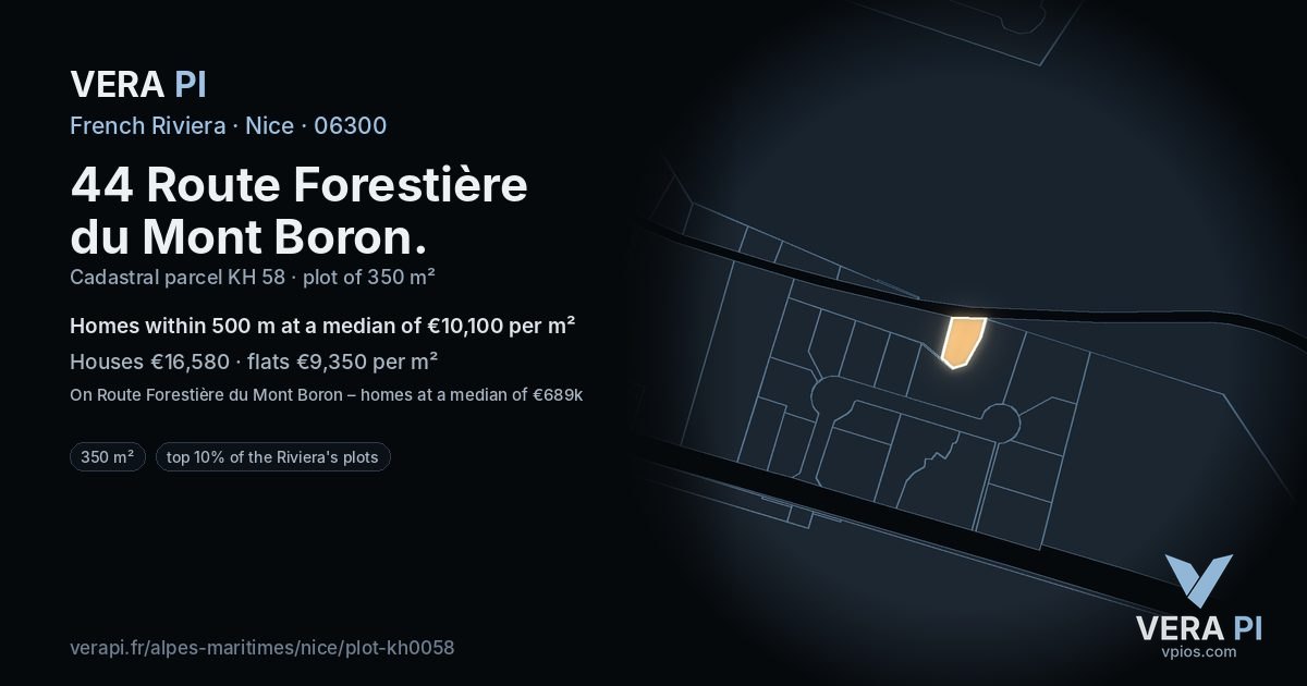 44 Route Forestière du Mont Boron, Nice at night – the plot lit, the parcels around coloured by the prices near them