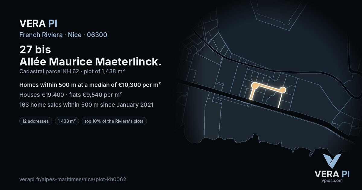 27 bis Allée Maurice Maeterlinck, Nice at night – the plot lit, the parcels around coloured by the prices near them
