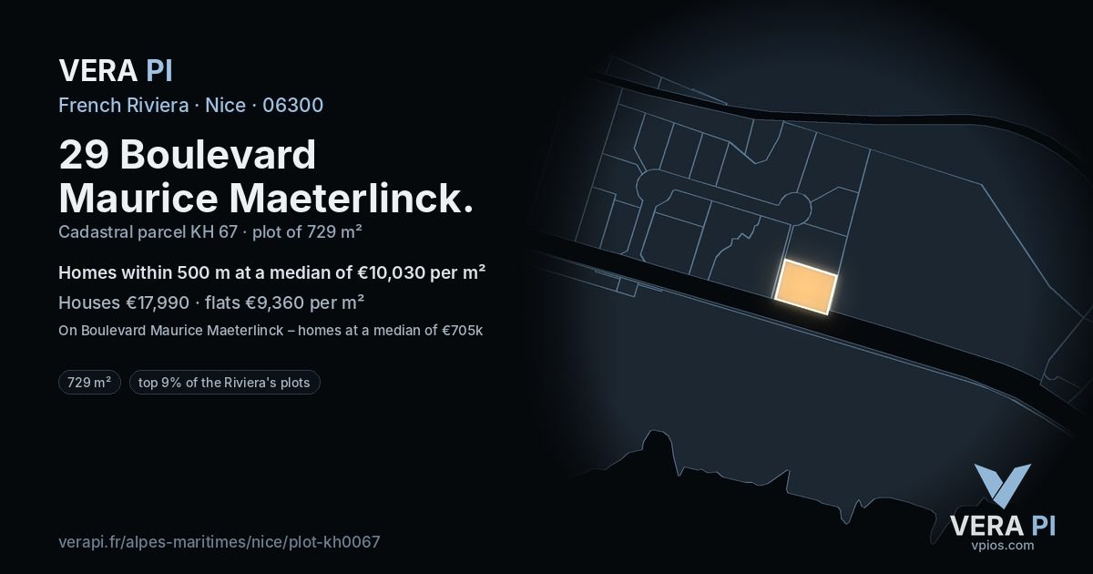29 Boulevard Maurice Maeterlinck, Nice at night – the plot lit, the parcels around coloured by the prices near them