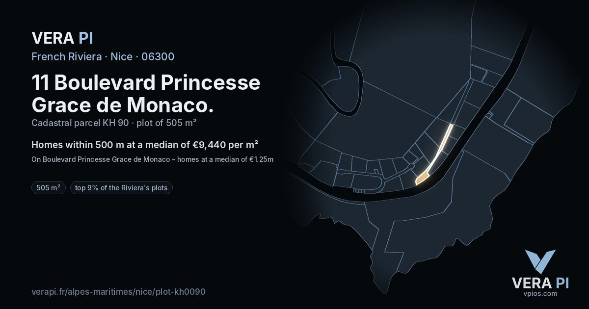 11 Boulevard Princesse Grace de Monaco, Nice at night – the plot lit, the parcels around coloured by the prices near them