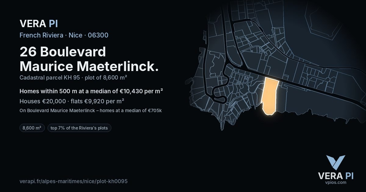 26 Boulevard Maurice Maeterlinck, Nice at night – the plot lit, the parcels around coloured by the prices near them