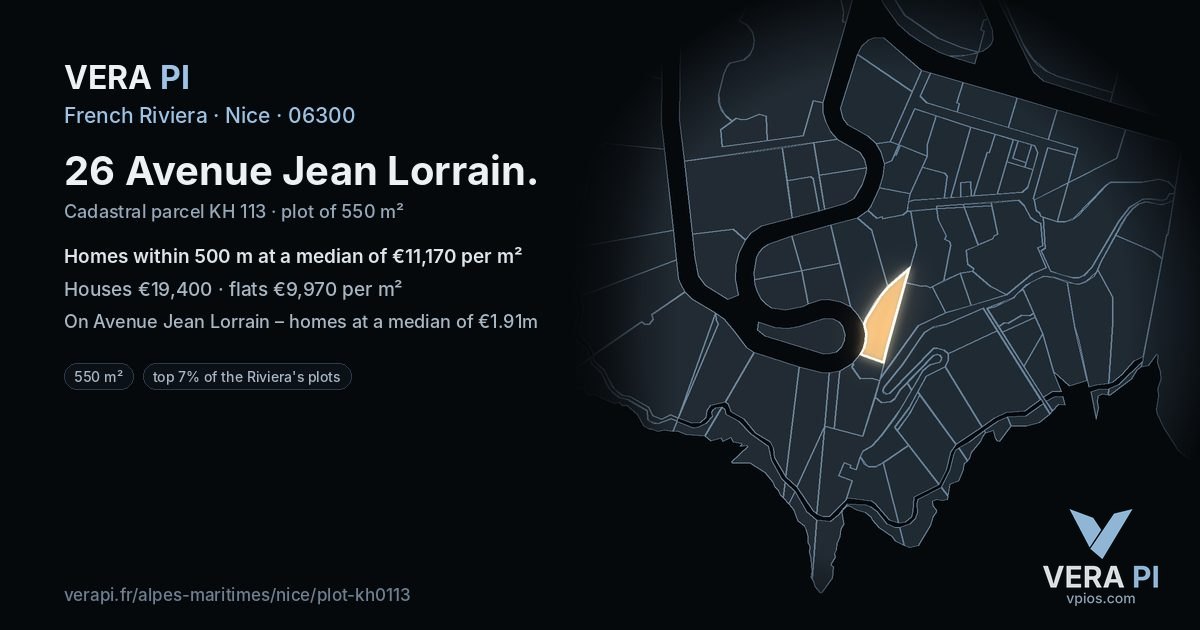 26 Avenue Jean Lorrain, Nice at night – the plot lit, the parcels around coloured by the prices near them