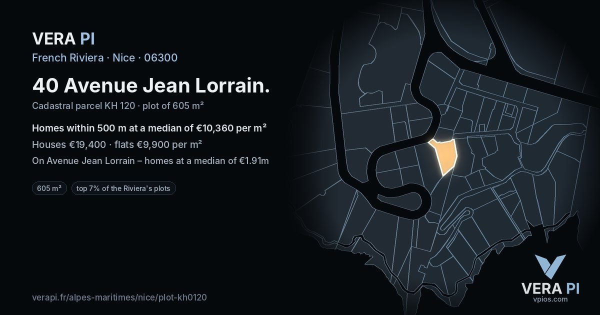 40 Avenue Jean Lorrain, Nice at night – the plot lit, the parcels around coloured by the prices near them