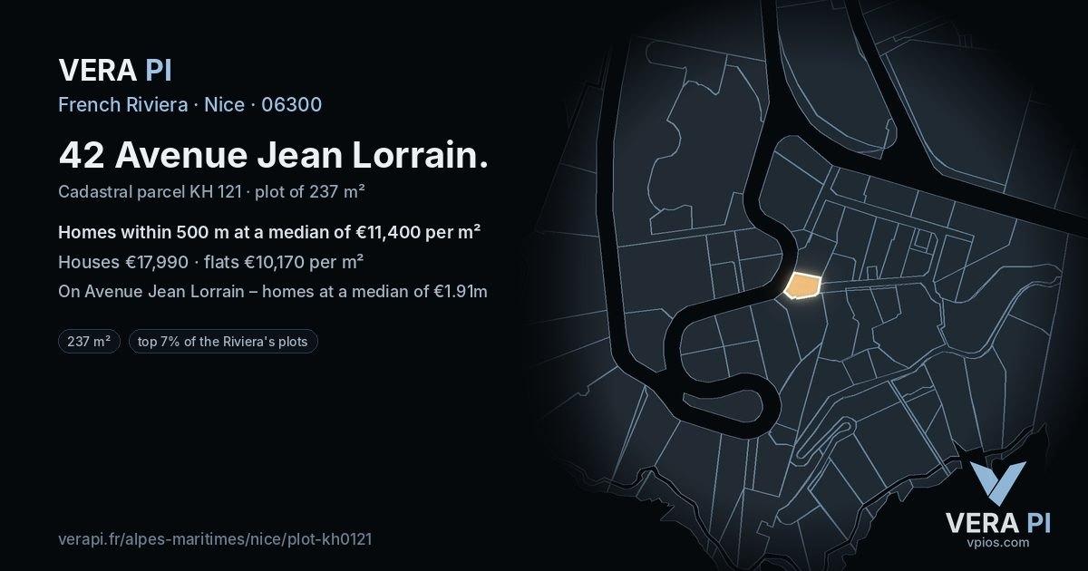 42 Avenue Jean Lorrain, Nice at night – the plot lit, the parcels around coloured by the prices near them